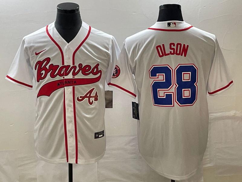 Personalized Men’s Atlanta Braves #28 Matt Olson White Cool Base With Patch Stitched Baseball Jersey