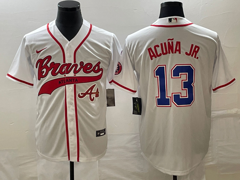 Personalized Men’s Atlanta Braves #13 Ronald Acuña Jr. White Cool Base With Patch Stitched Baseball Jersey