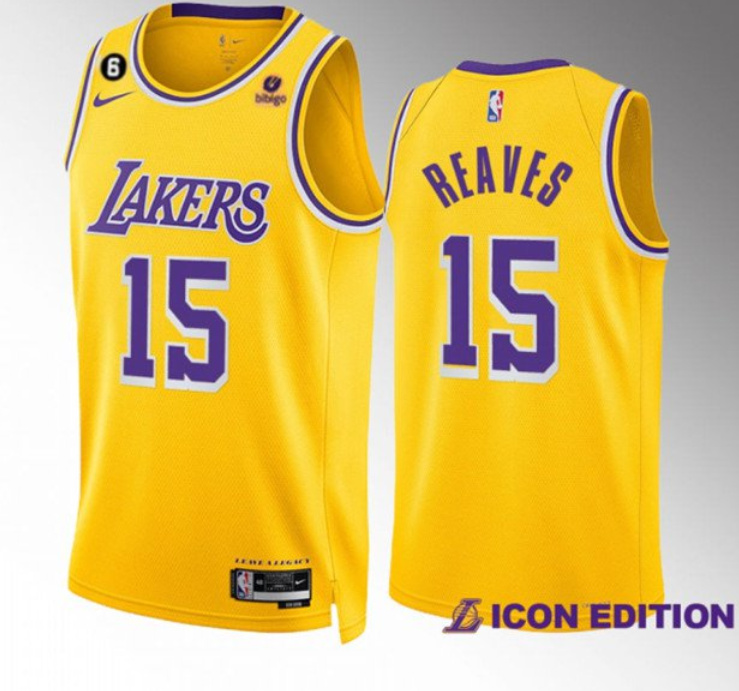 Personalized Men’s Los Angeles Lakers #15 Austin Reaves Yellow Icon Edition With NO.6 Patch Stitched Basketball Jersey