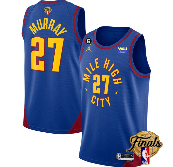 Personalized Men’s Denver Nuggets #27 Jamal Murray Blue 2023 Finals Statement Edition With NO.6 Patch Stitched Basketball Jersey
