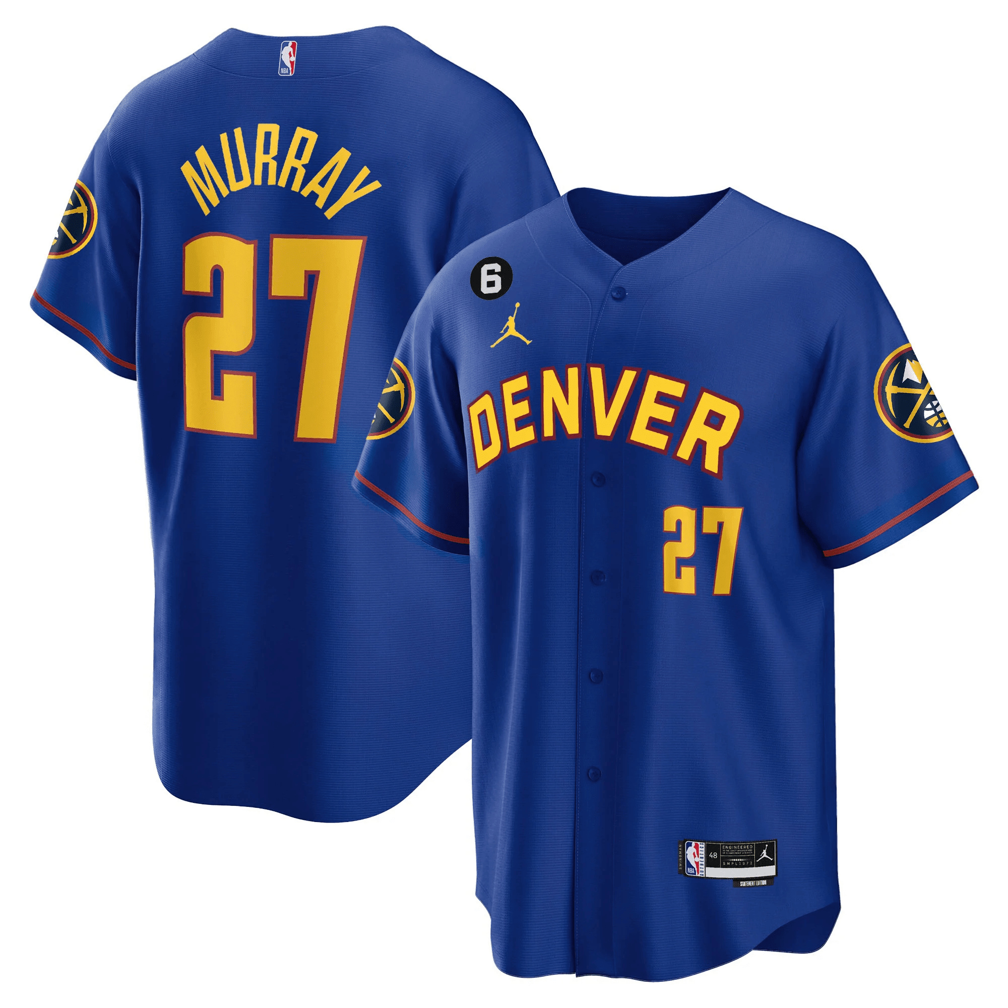 Personalized Men’s Denver Nuggets #27 Jamal Murray Blue With No.6 Patch Cool Base Stitched Baseball Jersey