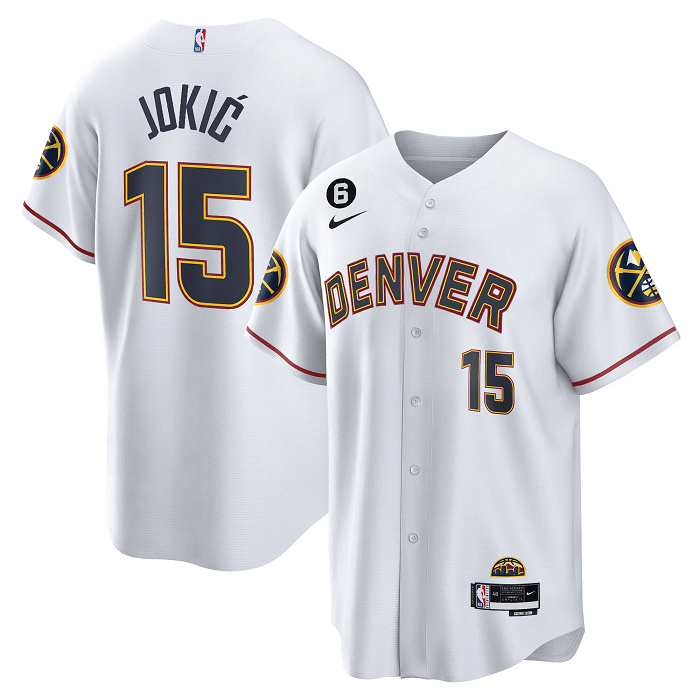 Personalized Men’s Denver Nuggets #15 Nikola Jokic White With No.6 Patch Cool Base Stitched Baseball Jersey