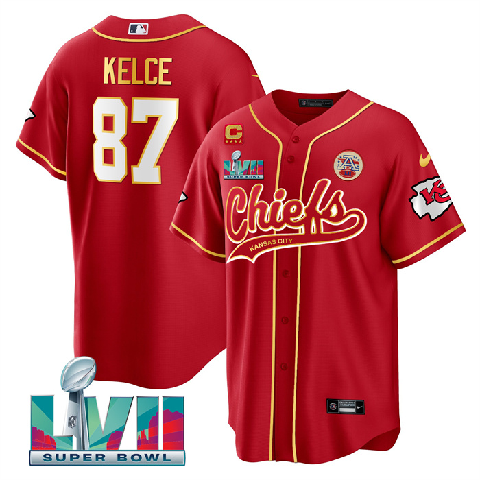 Personalized Men’s Kansas City Chiefs #87 Travis Kelce Red With 4-Star C Patch And Super Bowl LVII Patch Cool Bae Stitched Baseball Jersey