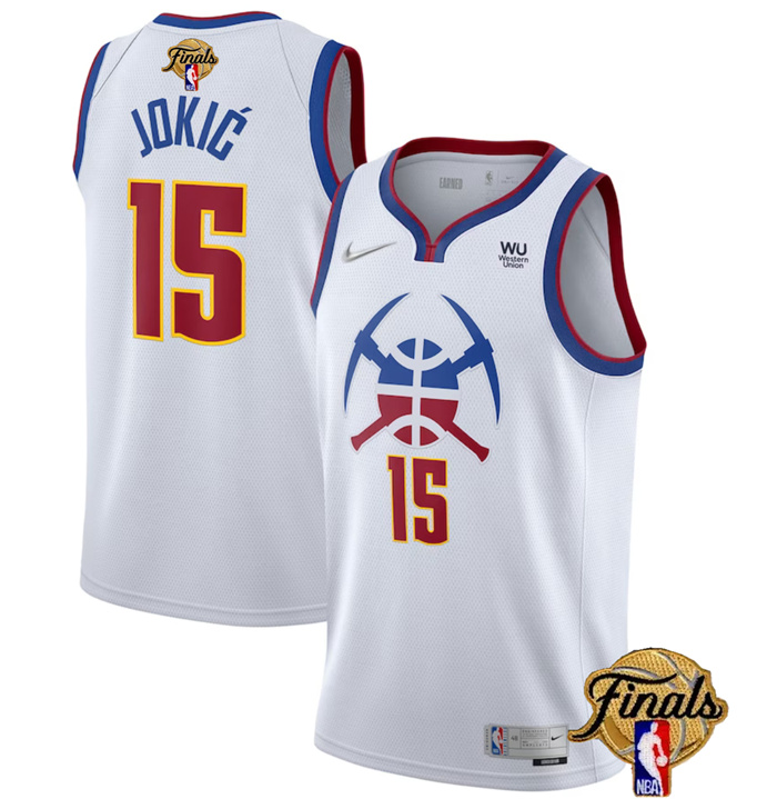 Personalized Men’s Denver Nuggets #15 Nikola Jokic White 2023 Finals Earned Edition Stitched Basketball Jersey