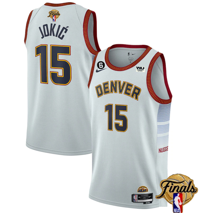 Personalized Men’s Denver Nuggets #15 Nikola Jokic White 2023 Finals Icon Edition With NO.6 Patch Stitched Basketball Jersey