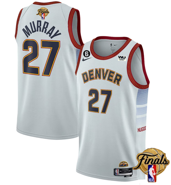 Personalized Men’s Denver Nuggets #27 Jamal Murray Silver 2023 Finals Icon Edition With NO.6 Patch Stitched Basketball Jersey