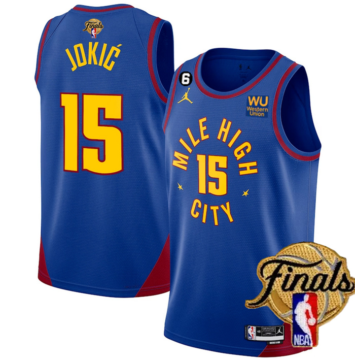 Personalized Men’s Denver Nuggets #15 Nikola Jokic Blue 2023 Finals Statement Edition With NO.6 Patch Stitched Basketball Jersey