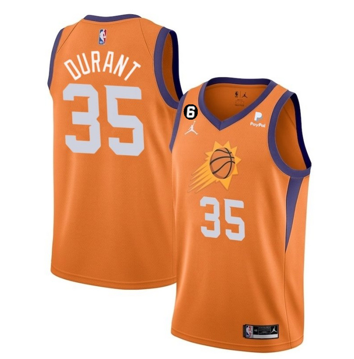 Personalized Men’s Phoenix Suns #35 Kevin Durant Orange With NO.6 Patch Statement Edition Stitched Basketball Jersey
