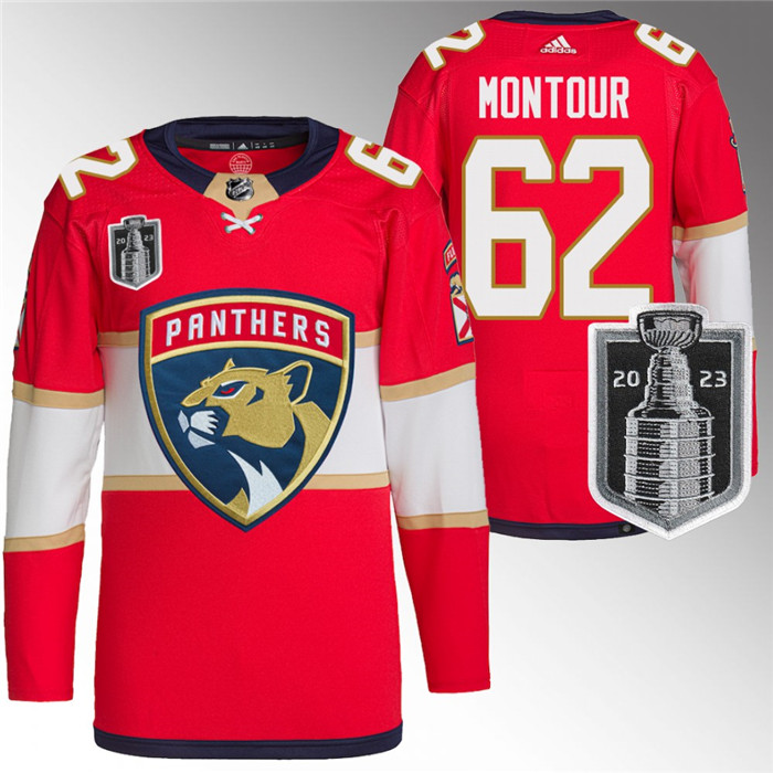 Personalized Men’s Florida Panthers #62 Brandon Montour Red 2023 Stanley Cup Final Stitched Jersey