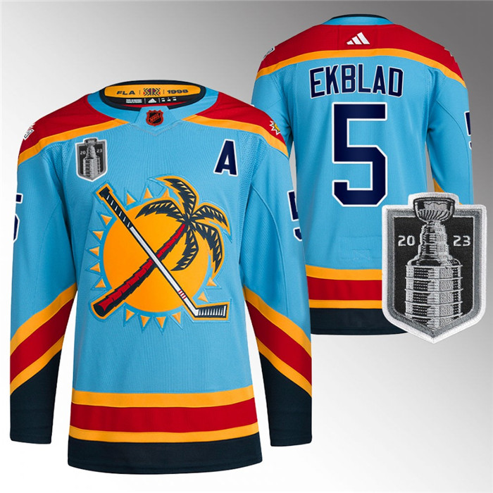 Personalized Men’s Florida Panthers #5 Aaron Ekblad Blue 2023 Stanley Cup Final Reverse Retro Stitched Jersey