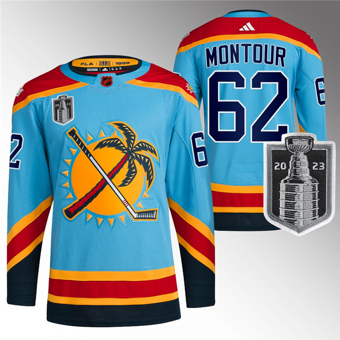 Personalized Men’s Florida Panthers #62 Brandon Montour Blue 2023 Stanley Cup Final Reverse Retro Stitched Jersey