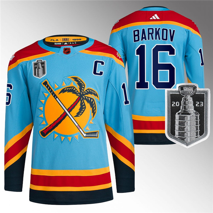 Personalized Men’s Florida Panthers #16 Aleksander Barkov Blue 2023 Stanley Cup Final Reverse Retro Stitched Jersey