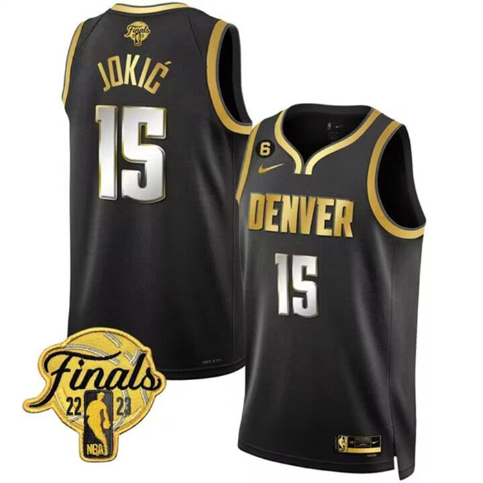 Personalized Men’s Denver Nuggets #15 Nikola Jokic Black Gold Edition 2023 Finals Collection With NO.6 Patch Stitched Basketball Jersey