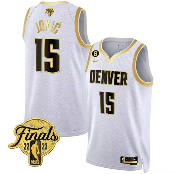 Personalized Men’s Denver Nuggets #15 Nikola Jokic White Gold Edition 2023 Finals Collection With NO.6 Patch Stitched Basketball Jersey