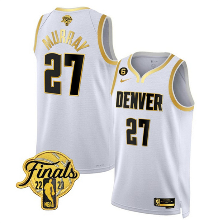 Personalized Men’s Denver Nuggets #27 Jamal Murray White Gold Edition 2023 Finals Collection With NO.6 Patch Stitched Basketball Jersey