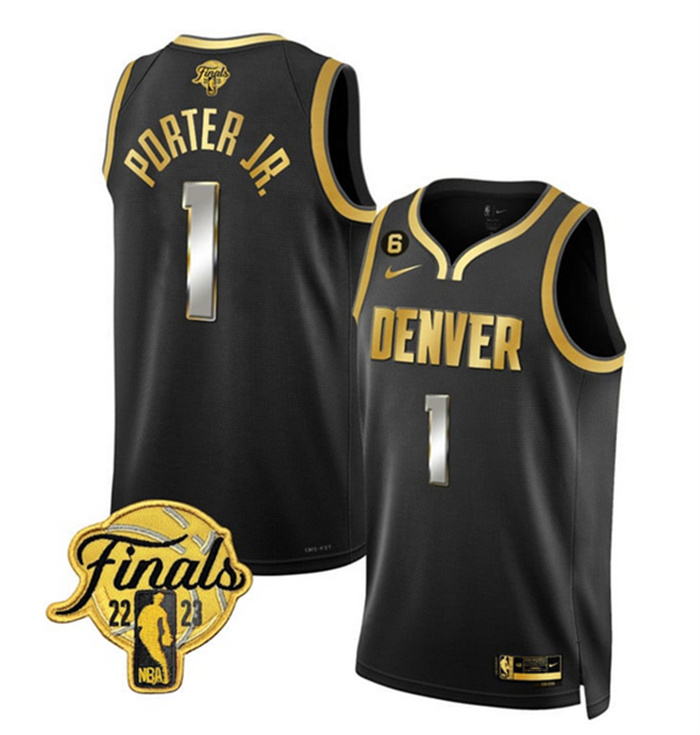 Personalized Men’s Denver Nuggets #1 Michael Porter Jr. Black Gold Edition 2023 Finals Collection With NO.6 Patch Stitched Basketball Jersey