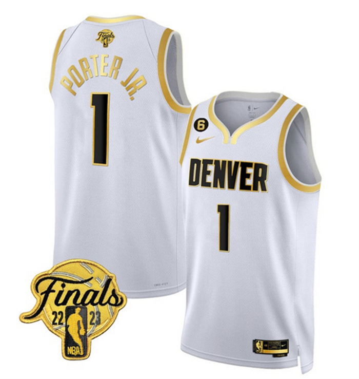 Personalized Men’s Denver Nuggets #1 Michael Porter Jr. White Gold Edition 2023 Finals Collection With NO.6 Patch Stitched Basketball Jersey
