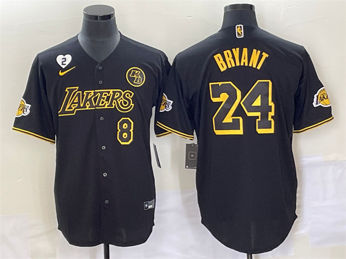 Personalized Men’s Los Angeles Lakers Front #8 Back #24 Kobe Bryant With NO.2 And KB Patch Black Cool Base Stitched Baseball Jersey
