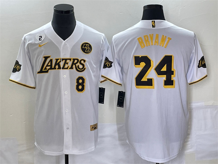 Personalized Men’s Los Angeles Lakers Front #8 Back #24 Kobe Bryant With NO.2 And KB Patch White Cool Base Stitched Baseball Jersey