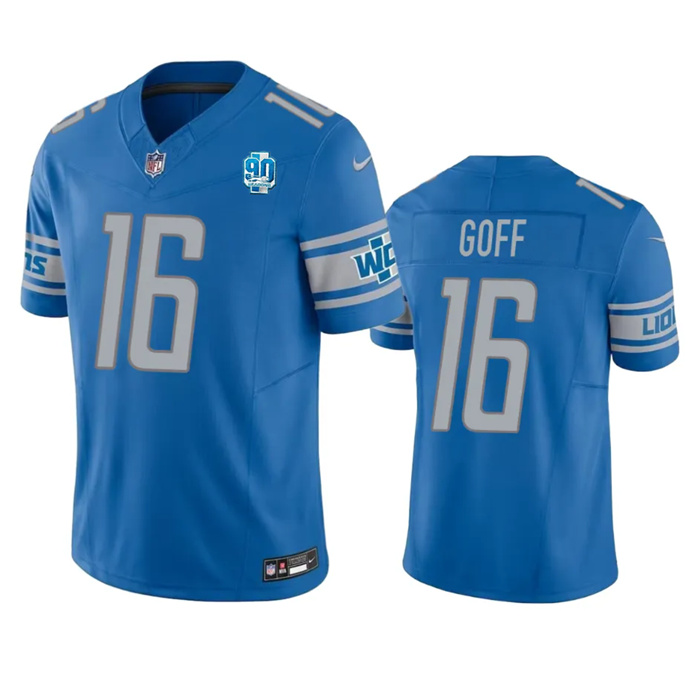 Personalized Men’s Detroit Lions #16 Jared Goff Blue 2023 F.U.S.E. 90th Anniversary Untouchable Limited Stitched Jersey