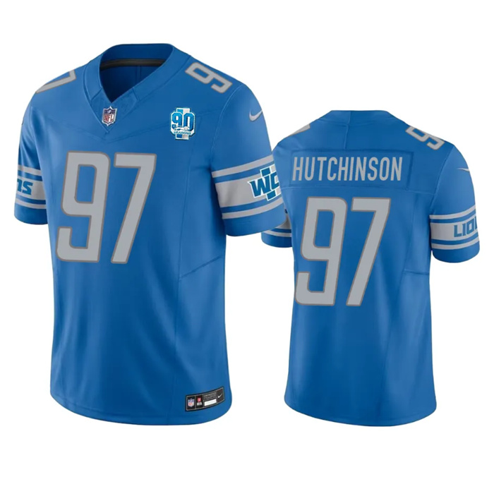 Personalized Men’s Detroit Lions #97 Aidan Hutchinson Blue 2023 F.U.S.E. 90th Anniversary Untouchable Limited Stitched Jersey