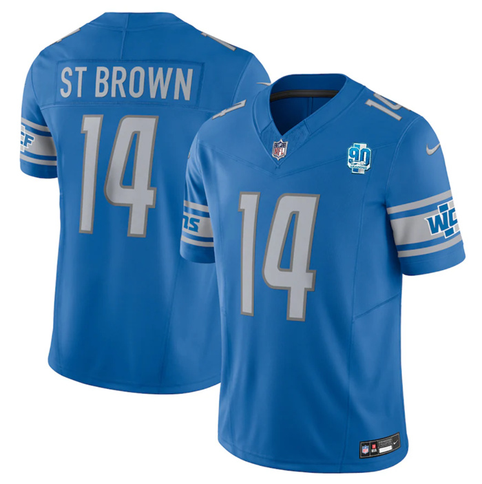 Personalized Men’s Detroit Lions #14 Amon-Ra St. Brown Blue 2023 F.U.S.E. 90th Anniversary Untouchable Limited Stitched Jersey