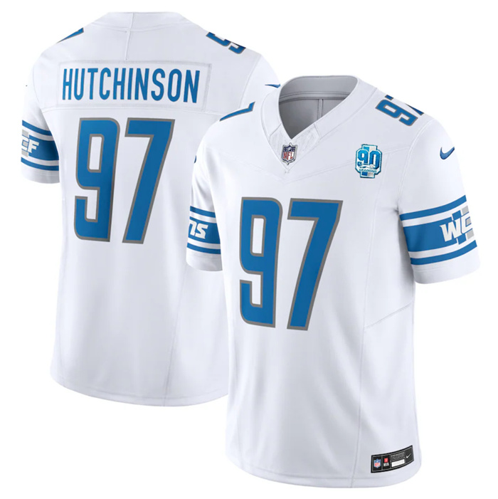 Personalized Men’s Detroit Lions #97 Aidan Hutchinson White 2023 F.U.S.E. 90th Anniversary Untouchable Limited Stitched Jersey