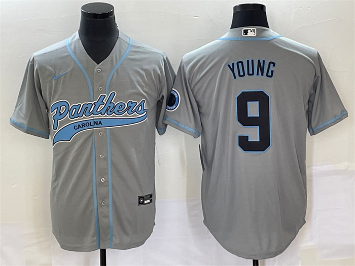 Personalized Men’s Carolina Panthers #9 Bryce Young Gray With Patch Cool Base Stitched Baseball Jersey