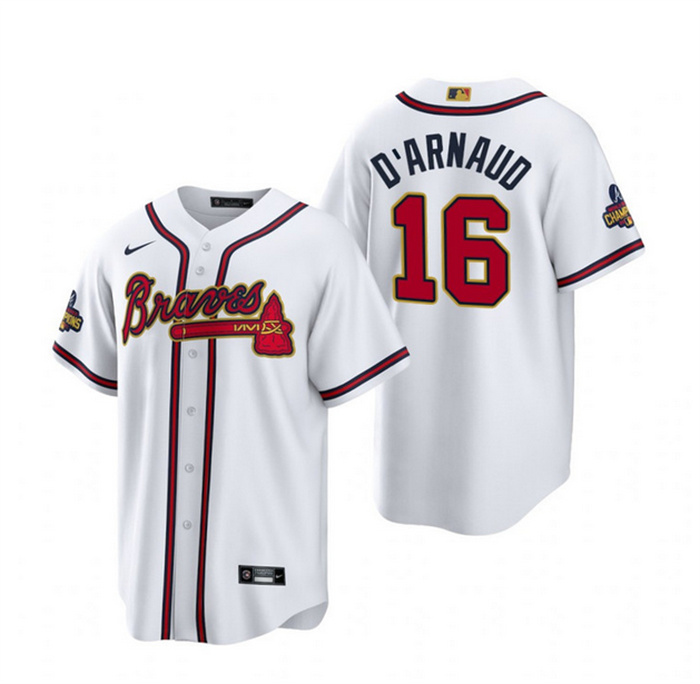 Personalized Men’s Atlanta Braves #16 Travis D’Arnaud White 2022-23 Gold Cool Base Stitched Baseball Jersey