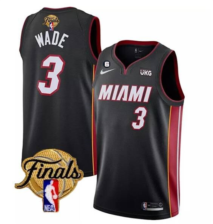 Personalized Men’s Miami Heat #3 Dwyane Wade Black 2023 Finals Icon Edition With NO.6 Patch Stitched Basketball Jersey