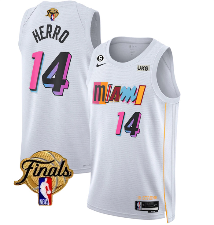 Personalized Men’s Miami Heat #14 Tyler Herro White 2023 Finals City Edition With NO.6 Patch Stitched Basketball Jersey