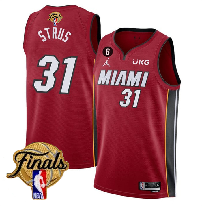 Personalized Men’s Miami Heat #31 Max Strus Red 2023 Finals Statement Edition With NO.6 Patch Stitched Basketball Jersey