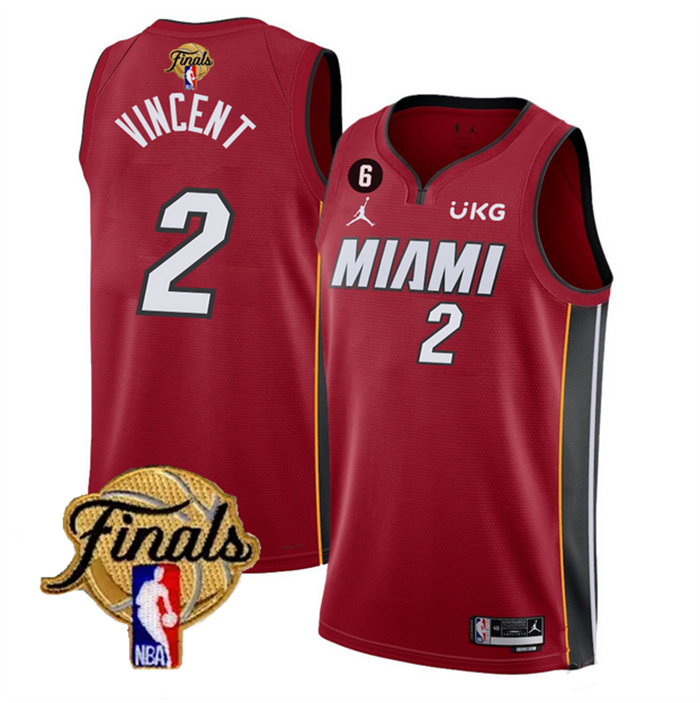 Personalized Men’s Miami Heat #2 Gabe Vincent Red 2023 Finals Statement Edition With NO.6 Patch Stitched Basketball Jersey