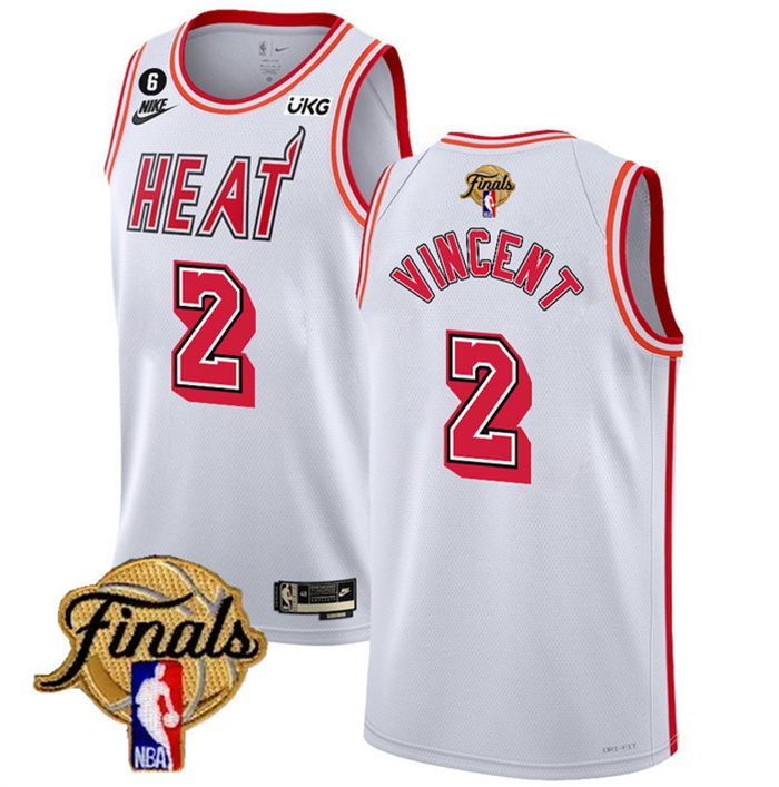 Personalized Men’s Miami Heat #2 Gabe Vincent White 2023 Finals Classic Edition With NO.6 Patch Stitched Basketball Jersey