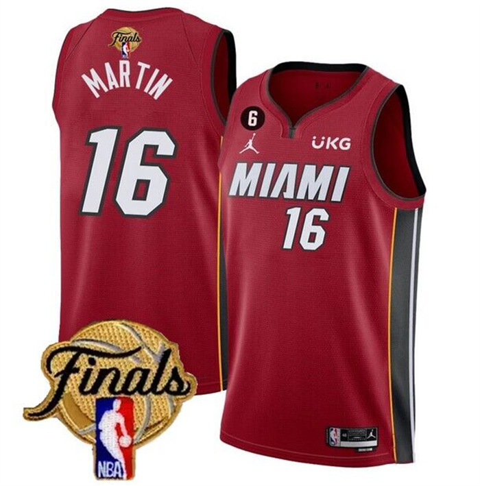 Personalized Men’s Miami Heat #16 Caleb Martin Red 2023 Finals Statement Edition With NO.6 Patch Stitched Basketball Jersey