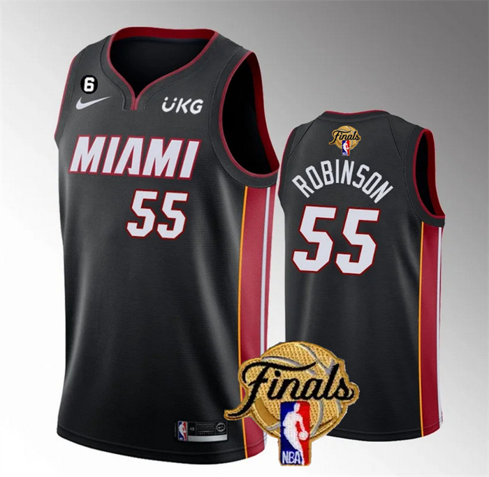 Personalized Men’s Miami Heat #55 Duncan Robinson Black 2023 Finals Icon Edition With NO.6 Patch Stitched Basketball Jersey