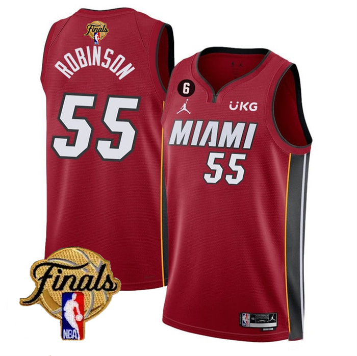 Personalized Men’s Miami Heat #55 Duncan Robinson Red 2023 Finals Statement Edition With NO.6 Patch Stitched Basketball Jersey