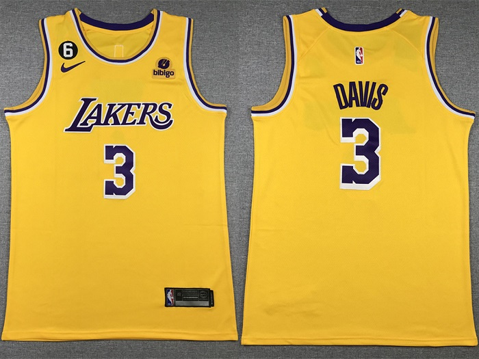 Personalized Men’s Los Angeles Lakers #3 Anthony Davis Yellow Edition With NO.6 Patch Stitched Basketball Jersey 001