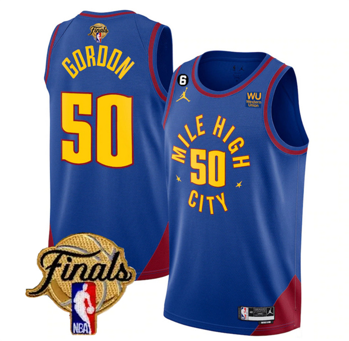 Personalized Men’s Denver Nuggets #50 Aaron Gordon Blue 2023 Finals Statement Edition With NO.6 Patch Stitched Basketball Jersey
