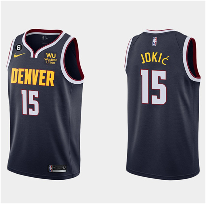 Personalized Men’s Denver Nuggets #15 Nikola Jokic Navy Icon Edition With NO.6 Patch Stitched Jersey