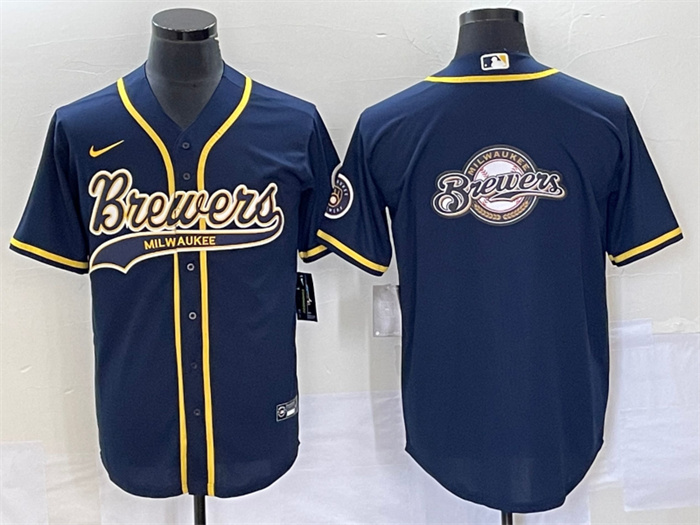 Personalized Men’s Milwaukee Brewers Navy Team Big Logo Cool Base Stitched Jersey