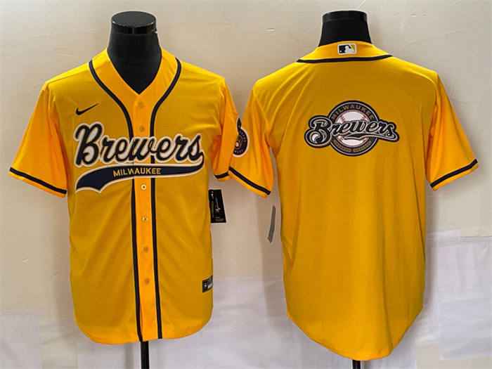 Personalized Men’s Milwaukee Brewers Yellow Team Big Logo Cool Base Stitched Jersey