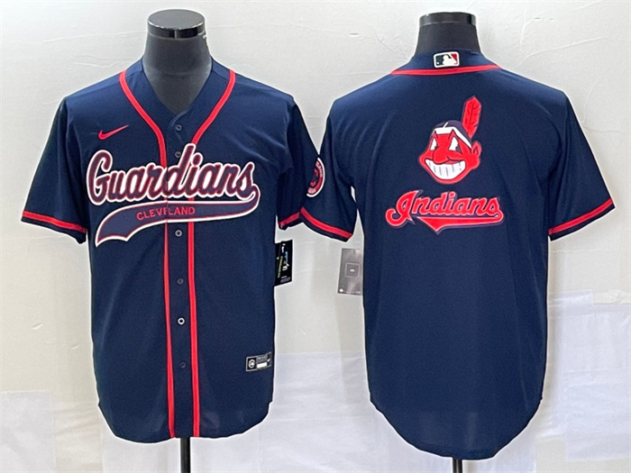Personalized Men’s Cleveland Guardians Navy Team Big Logo Cool Base Stitched Jersey