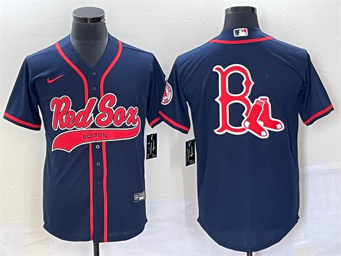 Personalized Men’s Boston Red Sox Blank Navy With Logo In Back Cool Base Stitched Baseball Jersey