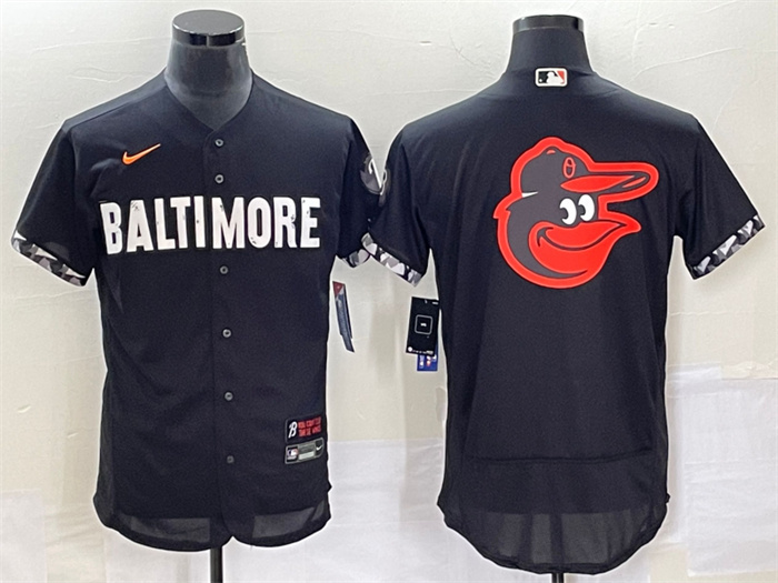 Personalized Men’s Baltimore Orioles Big Logo In Back Black 2023 City Connect Flex Base Stitched Baseball Jersey