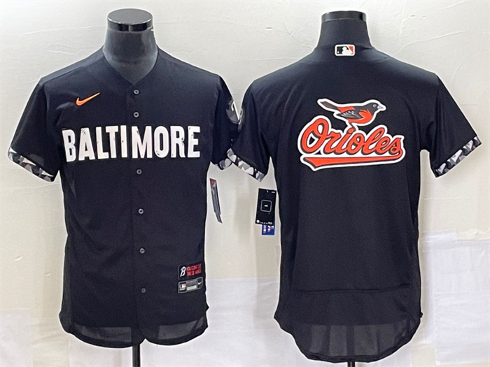 Personalized Men’s Baltimore Orioles Big Team Logo In Back Black 2023 City Connect Flex Base Stitched Baseball Jersey