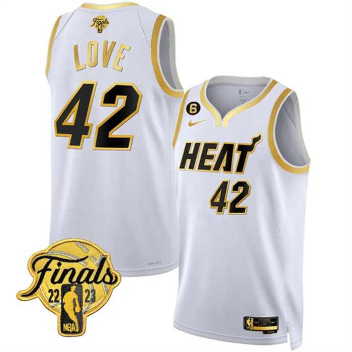 Personalized Men’s Miami Heat #42 Kevin Love White Gold Edition 2023 Finals Collection With NO.6 Patch Stitched Basketball Jersey