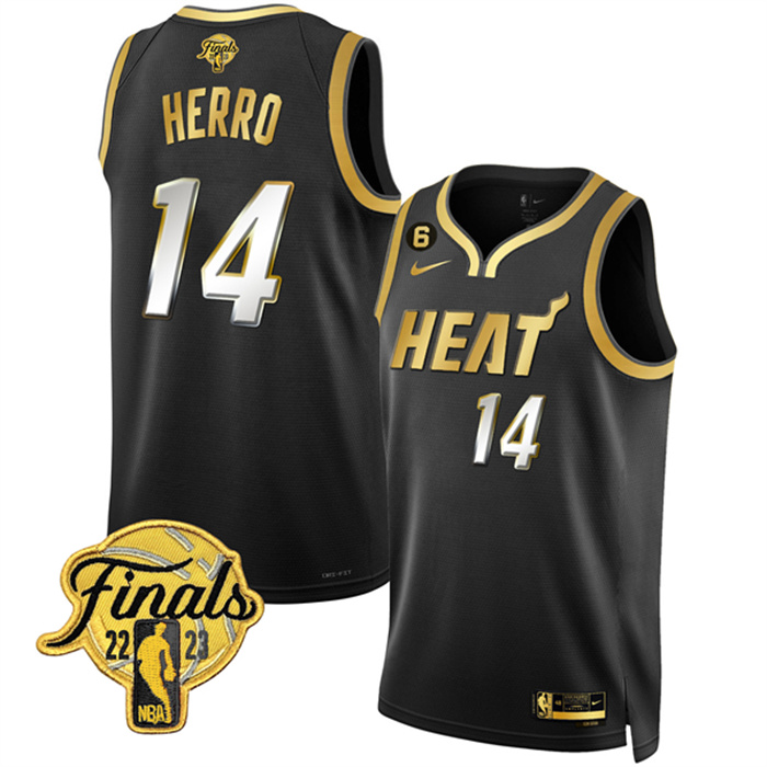 Personalized Men’s Miami Heat #14 Tyler Herro Black Gold Edition 2023 Finals Collection With NO.6 Patch Stitched Basketball Jersey