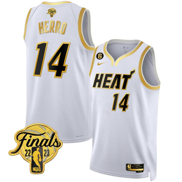 Personalized Men’s Miami Heat #14 Tyler Herro White Gold Edition 2023 Finals Collection With NO.6 Patch Stitched Basketball Jersey