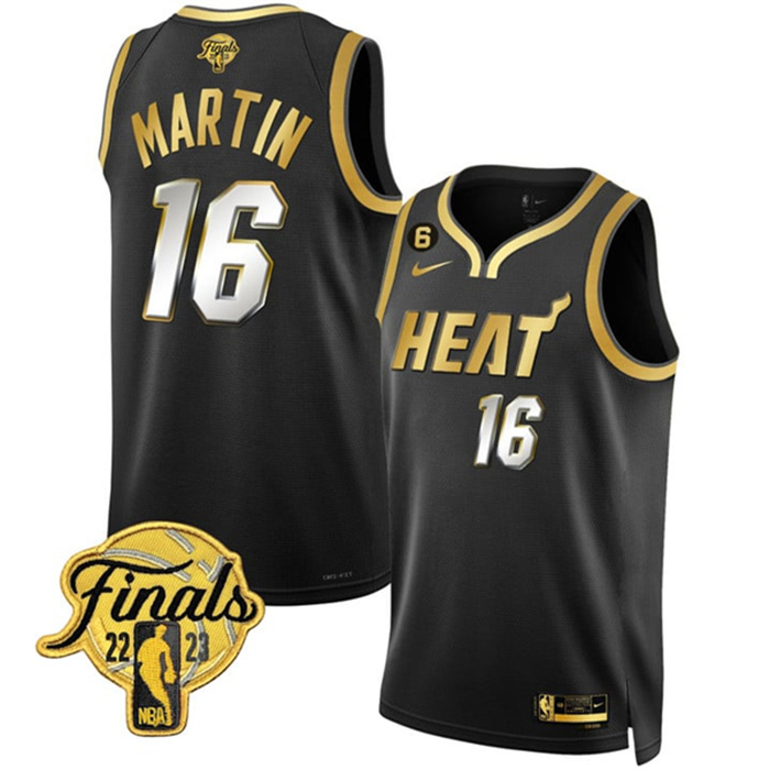 Personalized Men’s Miami Heat #16 Caleb Martin Black Gold Edition 2023 Finals Collection With NO.6 Patch Stitched Basketball Jersey